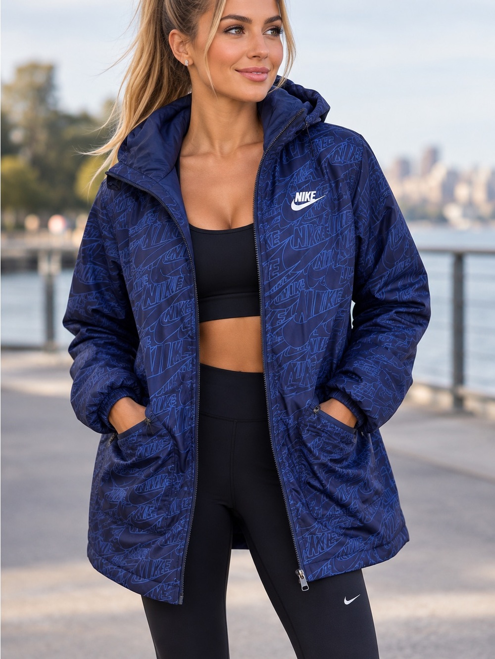 Nike Women's Navy All-Over Logo windbreaker Jacket